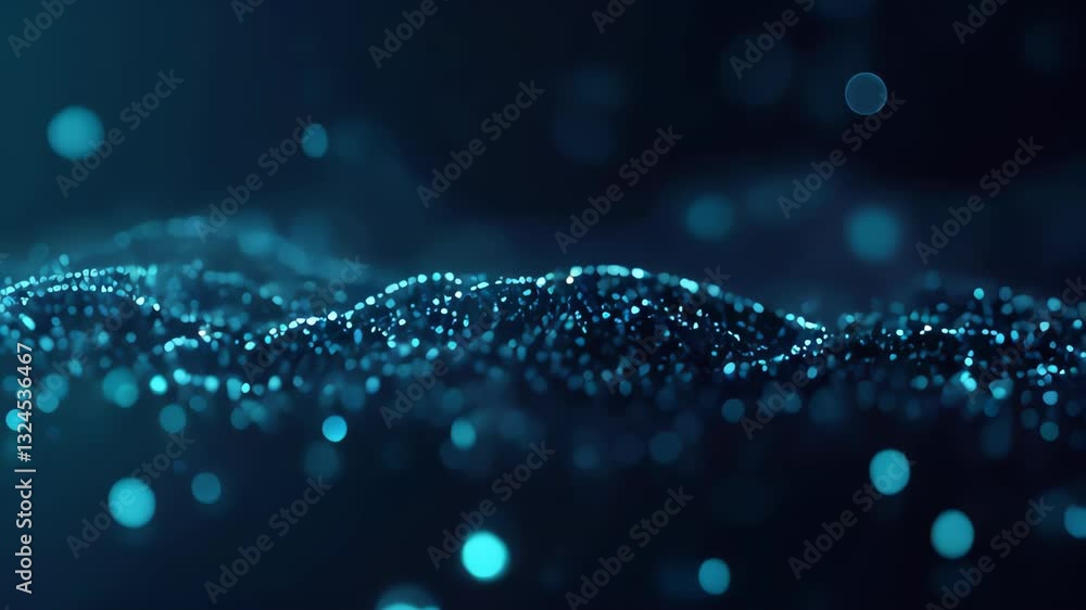 Poster digital molecular structure with glowing blue dots forming an interconnected mesh network on a dark 