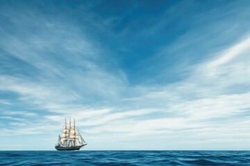 Obraz premium lone majestic sailing ship traverses vast and serene open ocean under clear blue sky with gentle waves glistening in