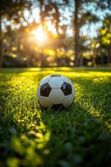 Fototapeta premium Soccer ball on grass lawn. Outdoor activity.