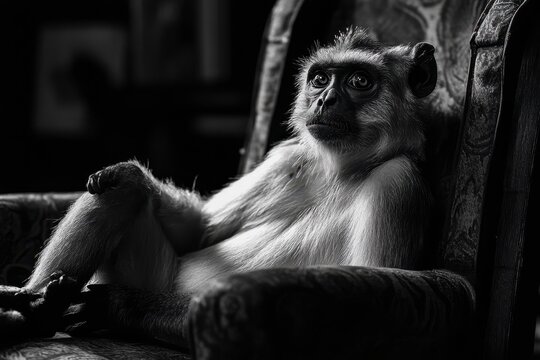 Relaxed Langur Monkey Posing Artistically In Elegant Armchair, Black And White Portrait