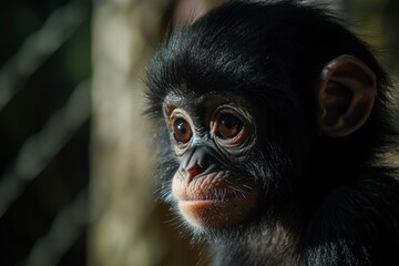 Fototapeta premium Captivating Portrait of an Ape Juvenile Chimpanzee with Deep Brown Eyes and Black Fur