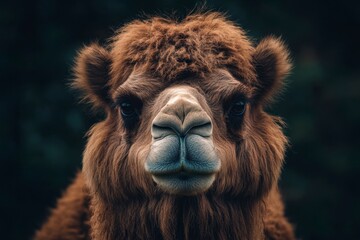 Fototapeta premium Detailed Portrait of a Camel Face Showing the Animal's Unique Facial Features and Fuzzy Brown Coat
