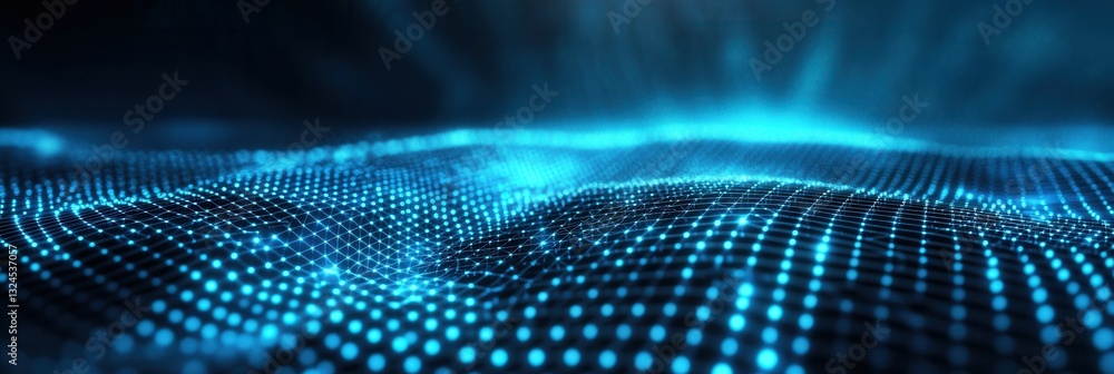 Poster futuristic digital grid with glowing nodes, showcasing high-tech design and holographic effects in b