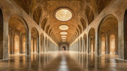 Empty ancient arched hall, sunlight through skylights, interior architecture
