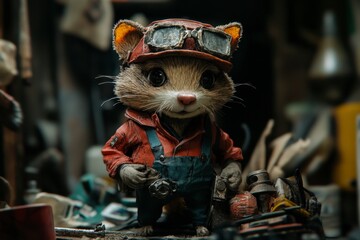 Detailed Illustration of a Mouse Mechanic Wearing Goggles and Overalls Amidst Tools