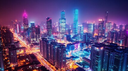 Obraz premium Vibrant cityscape at night, illuminated skyscrapers and streets.