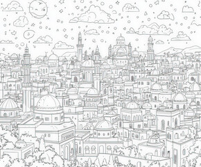Fototapeta premium An imaginative cityscape with mosques, coloring page for kids, simple outline illustration. Coloring book.