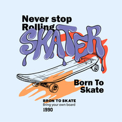 Skater with skateboard. text with skating. calligraphy skate prints.  skate t shirt design.  graffiti text print design. hand writing font. urban skate artwork. hand drawn font. © sumonsharif