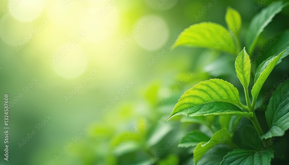 Poster abstract green nature background with fresh leaves. soft sunlight and bokeh effect. lush foliage wit