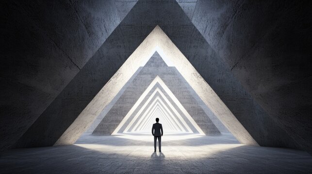 person stands alone in a striking geometric space defined by triangular forms and illuminated beams of light. modern architectural design creates a surreal atmosphere
