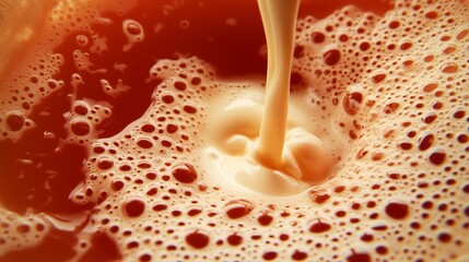 The Perfect Pour: A captivating shot capturing the moment a creamy liquid meets a darker beverage, forming a frothy cascade of bubbles.