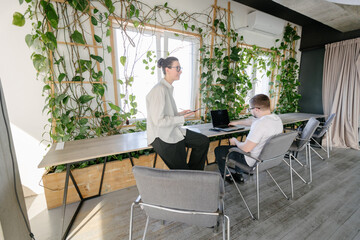 Business meeting or two people working in office