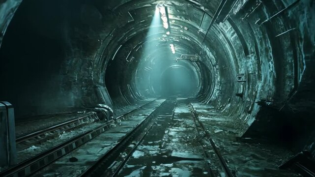 Eerie abandoned tunnel with dim light and misty atmosphere