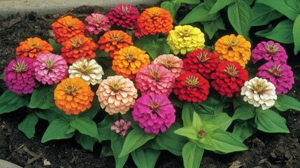 Obraz premium Vibrant multicolored zinnias blooming in garden bed.