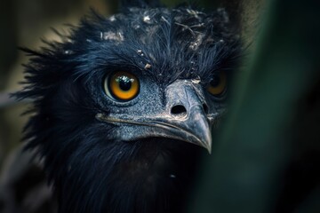 Fototapeta premium Close-up of a striking emu, showcasing its intricate feathers, piercing golden eyes, and distinctive beak in a natural setting.