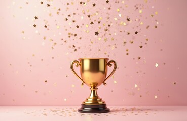 Fototapeta premium Golden winner cup with flying star confetti on pastel pink background. Front view of champion trophy symbolizes victory, success in sport competition. Award ceremony celebration, first place prize.