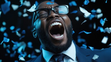 man dressed in a suit is expressing happiness and exuberance, surrounded by blue confetti. atmosphere is festive, capturing a moment of celebration and triumph