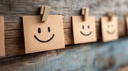 Small craft paper cards with hand-drawn smiley faces are attached to wooden clips on a rustic surface, creating an uplifting atmosphere ideal for creativity and motivation