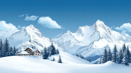 Fototapeta premium cozy cabin sits in a snowy landscape surrounded by tall evergreen trees, while majestic mountains tower in the background under a bright blue sky with soft clouds