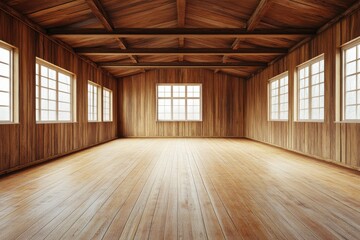 Obraz premium A bright and spacious wooden room with large windows showcasing the beauty of natural light isolated on transparent background
