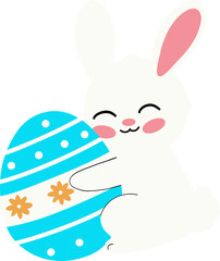 Cute cartoon bunny joyfully hugging a decorated Easter egg.