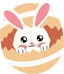 Cute cartoon bunny peeking out from a colorful egg shell, perfect for Easter themes.