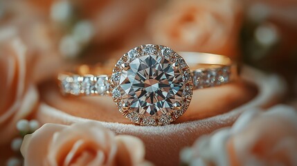 Fototapeta premium Close-up of elegant diamond engagement ring on rose petals background highlighting luxury jewelry craftsmanship, romantic marriage proposal, precious gemstone detail, and bridal celebration moment