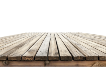 A serene wooden deck extends into the distance under a bright, clear sky isolated on transparent background