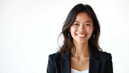 Beautiful asian woman smiles, posing against white background. Young female entrepreneur with black hair wears suit. Close-up studio headshot portrait of happy cheerful successful elegant