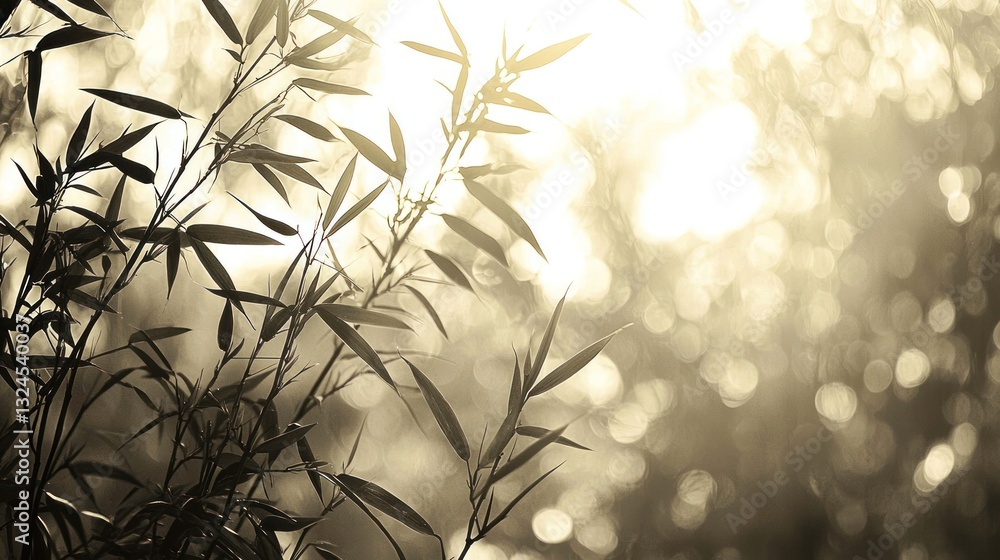 Poster sunlight filters through bamboo leaves creating a soft bokeh effect