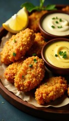 Fried chicken nuggets on a wooden platter with a side of creamy garlic sauce and lemon wedges, chicken, wedges