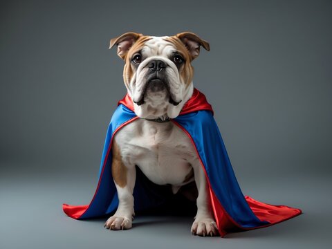 Bulldog Dressed as a Superhero with a Red and Blue Cape