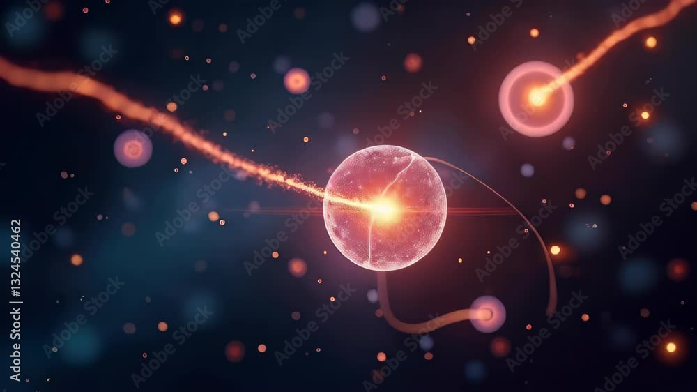 Poster bright glowing orange-red neurons with radiating particles and rays on a deep dark background, dynam