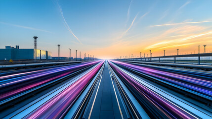 Pixel Art Depiction of Light Trails on Train Tracks During Sunset in an Urban Setting with Industrial Background