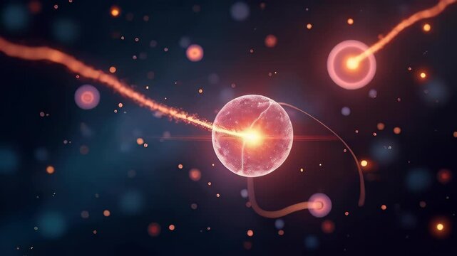 Bright glowing orange-red neurons with radiating particles and rays on a deep dark background, dynamic effect. Concept of: intelligence, neuroscience, brain activity, thought process, cognition, energ