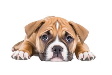 Fototapeta premium Cute puppy lying down with a thoughtful expression, cut out
