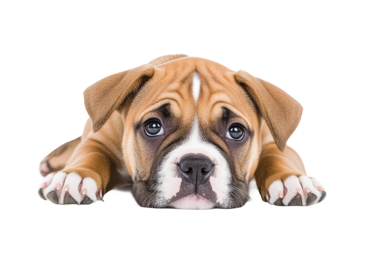 Cute puppy lying down with a thoughtful expression, cut out