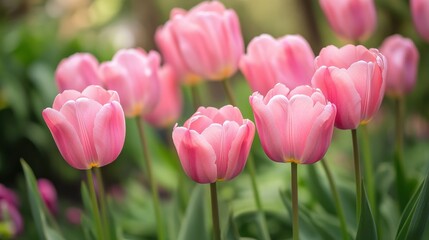 Fototapeta premium Stunning close up image of beautiful pink tulip flowers in full bloom amidst a verdant garden setting showcasing the delicate petals vibrant color