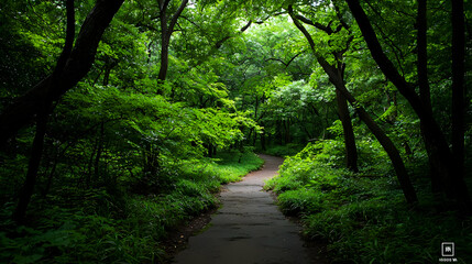 Fototapeta premium Winding Stone Path Through Dense Green Forest With Sunlight Filtering Through Canopy