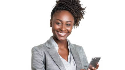 Smiling businesswoman using smartphone on transparent background
