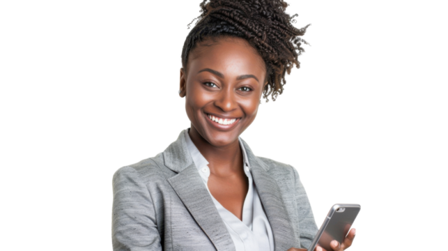 Smiling businesswoman using smartphone on transparent background
