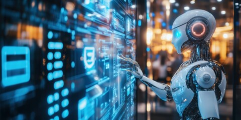 Fototapeta premium Robot using futuristic touchscreen interface with holographic display in server room