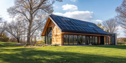 Fototapeta premium Modern wooden house with solar panels generating green energy in nature