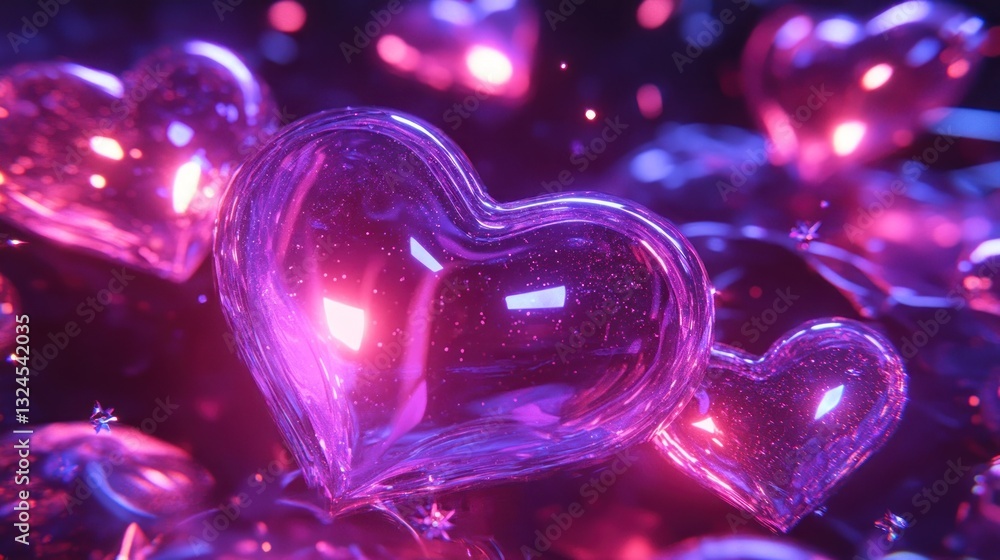Poster glowing translucent heart shaped objects create a beautiful luminous display
