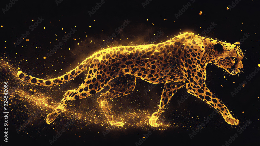 Poster low poly illustration of the cheetah with a golden dust effect. sparkle stardust. glittering vector 