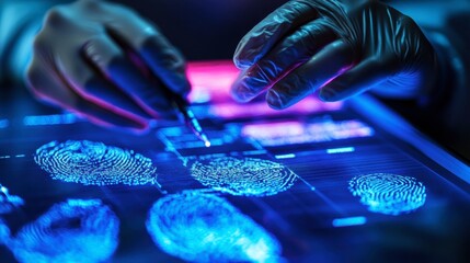 A forensic scientist examining fingerprints and DNA samples under UV light