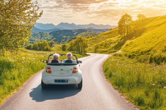 Senior couple enjoying scenic drive in convertible car through picturesque countryside