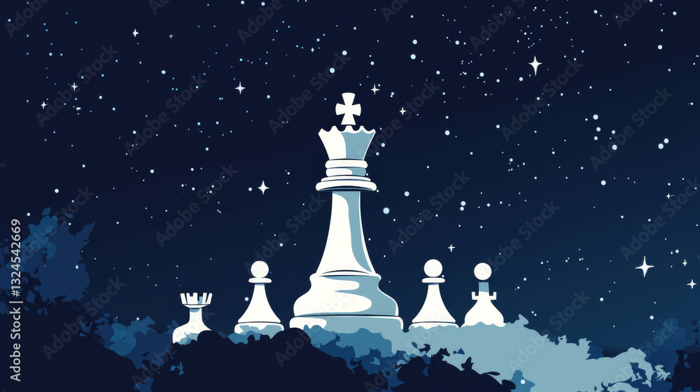 Poster abstract mash line and point king of chess on background with an inscription. starry sky or space, c