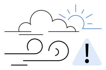 Cloud and sun partially covered, wind gusts expressed with curved lines and triangular warning sign. Ideal for weather hazard, climate change, environmental risk, safety, caution, sustainability