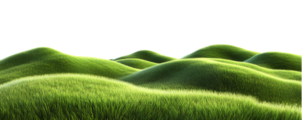 3D rendering of grassy hills, with vivid green hues and high-definition details, set against a transparent background